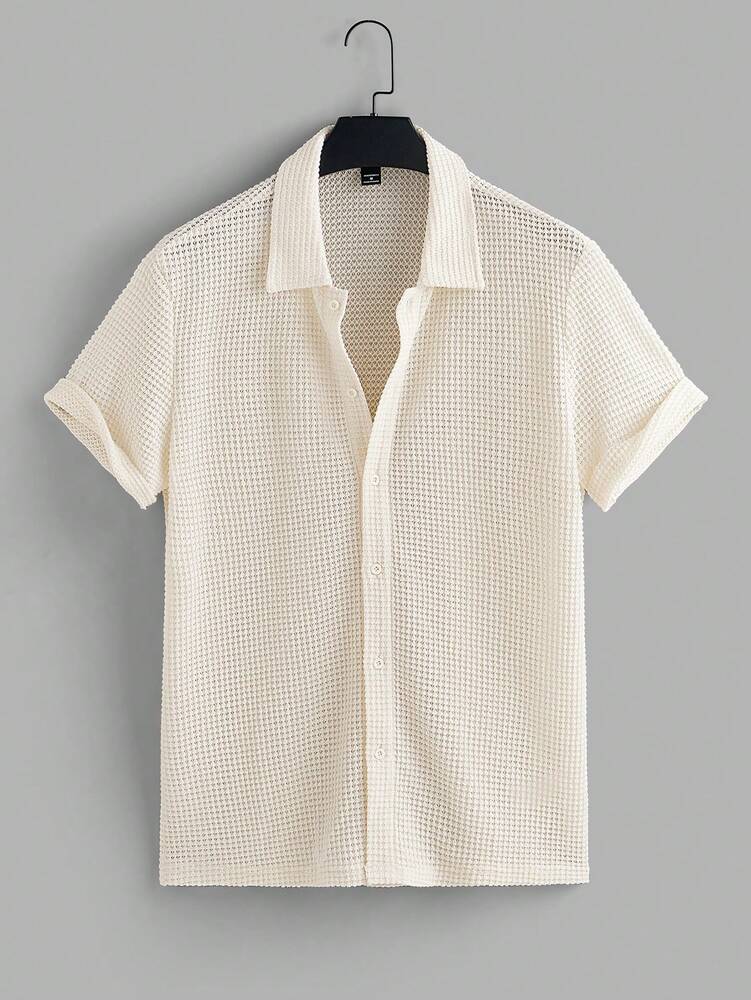 Men's Summer Mesh Breathable Short Sleeve Shirt And Drawstring Shorts Two Piece Casual Outfit Relaxed Fit Comfortable Vacation Set