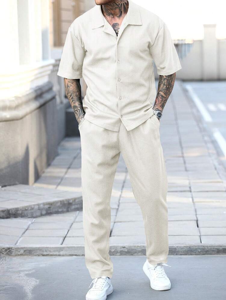 Men's Waffle Knit Jacquard Shirt And Pants Set Two Piece Casual Summer Outfit Beach Vacation Style Matching Couple Gift For Men