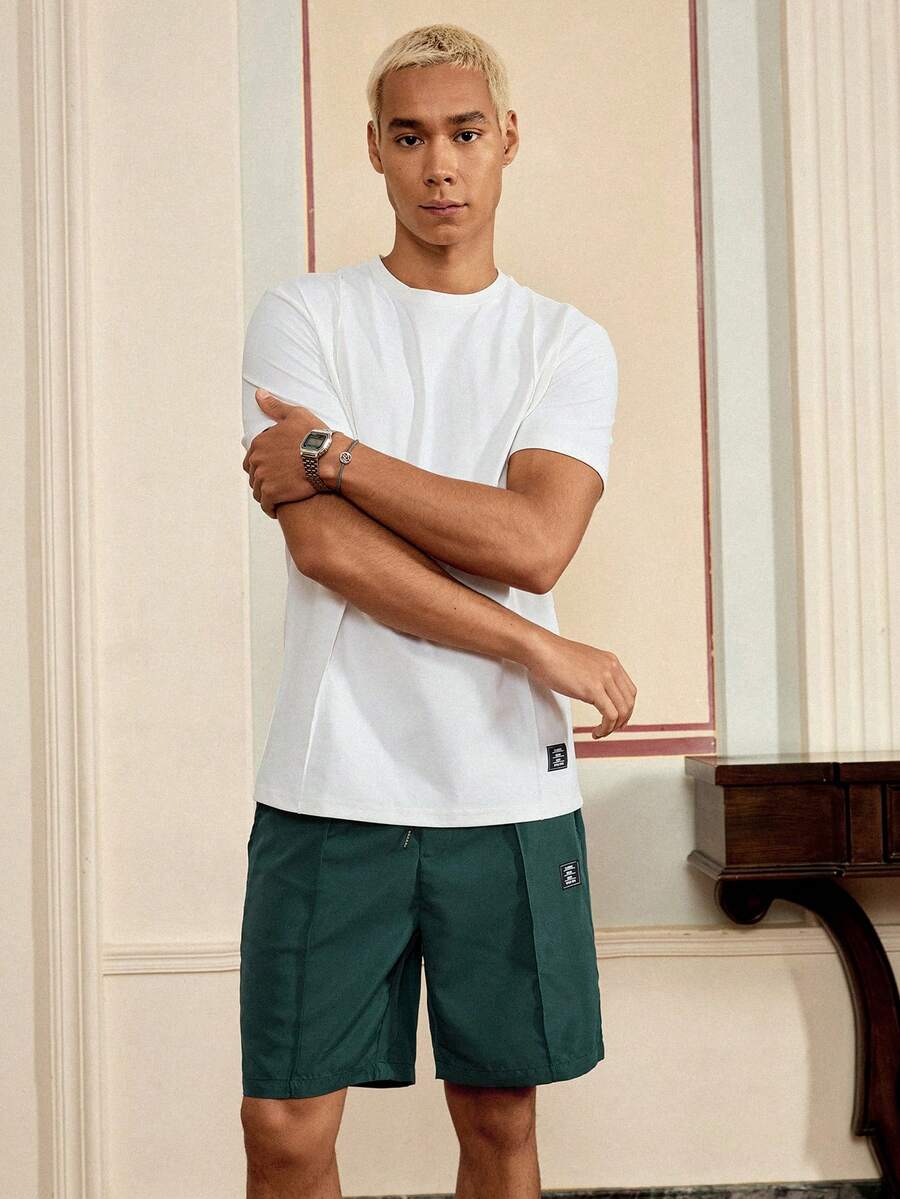 Men's Letter Patch Detail T Shirt And Drawstring Shorts Two Piece Casual Outfit Comfortable Summer Vacation Style Daily Wear Clothing