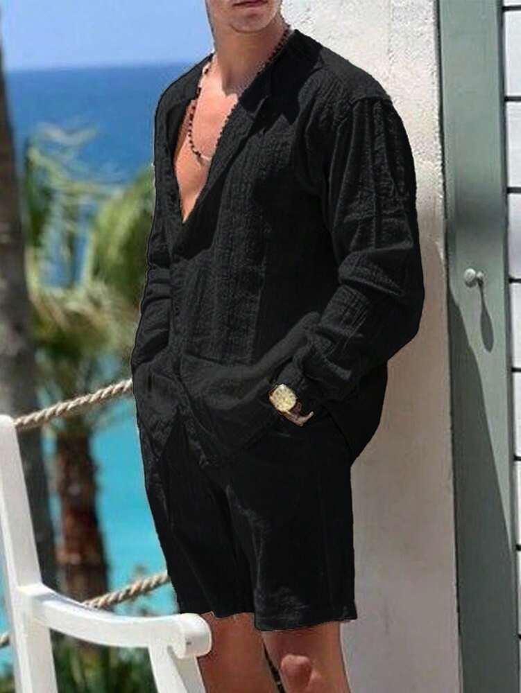 Men's Solid Color Single Breasted Shirt And Shorts With Pockets Two Piece Casual Outfit Summer Vacation Daily Wear Clothing For Men