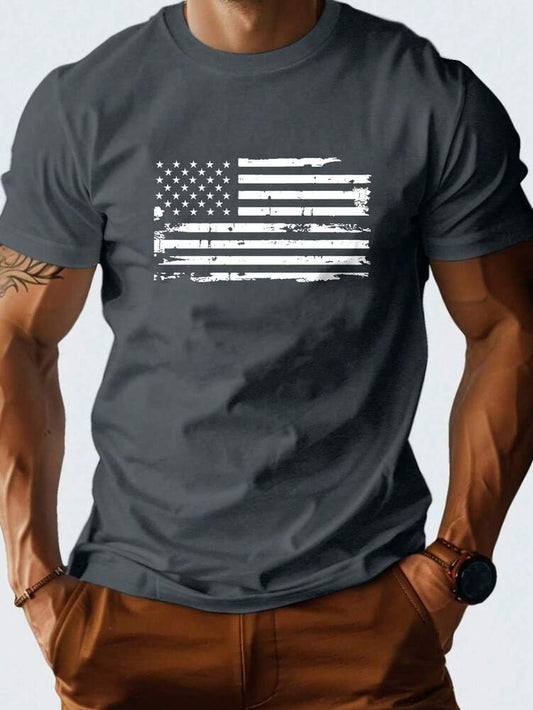Men's Summer Casual Round Neck T Shirt With American Flag Print 4th Of July Holiday Graphic Short Sleeve Cotton Tee Comfortable Top