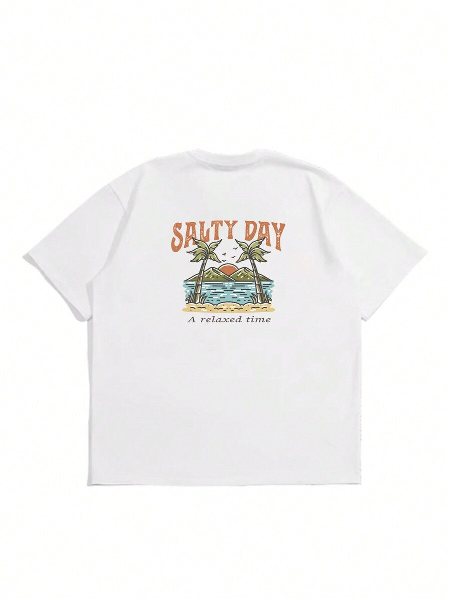 Men's Palm Tree Slogan Print Round Neck Casual Short Sleeve T Shirt Vacation Style Comfortable Cotton Graphic Summer Tee For Men