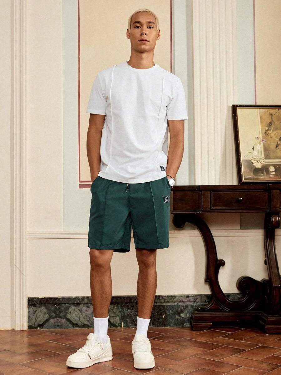 Men's Letter Patch Detail T Shirt And Drawstring Shorts Two Piece Casual Outfit Comfortable Summer Vacation Style Daily Wear Clothing