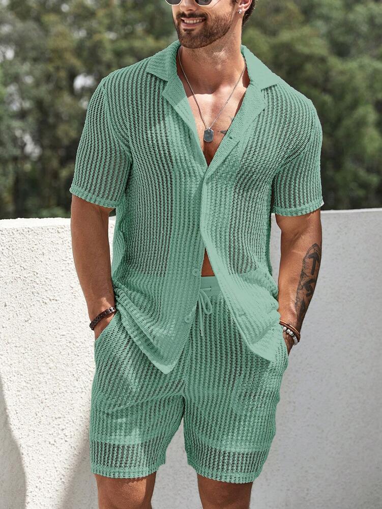 Men's Hollow Out Short Sleeve Shirt And Drawstring Shorts Two Piece Casual Outfit Lightweight Summer Vacation Beachwear Clothing