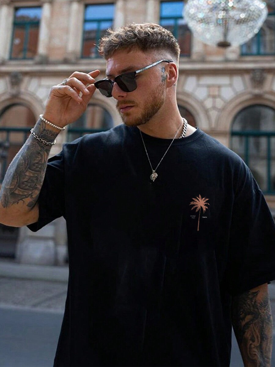 2pcs Men's Loose Fit Short Sleeve T Shirts With Letter And Palm Tree Print Summer Vacation Style Casual Cotton Graphic Tees Outfit