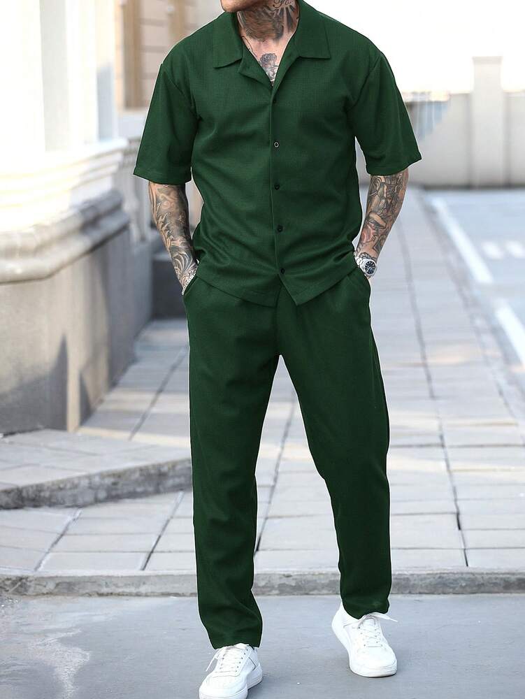 Men's Waffle Knit Jacquard Shirt And Pants Set Two Piece Casual Summer Outfit Beach Vacation Style Matching Couple Gift For Men