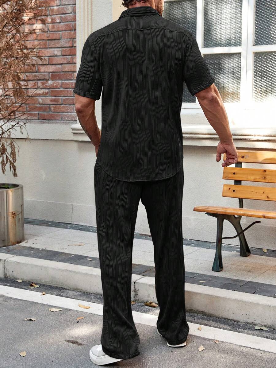 Men's Solid Button Up Short Sleeve Shirt With Drawstring Pants Two Piece Casual Outfit Comfortable Summer Daily Wear Clothing