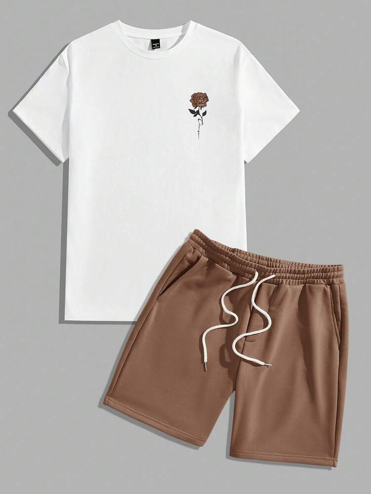 Men's Floral Print Short Sleeve T Shirt And Drawstring Shorts Two Piece Casual Summer Outfit Vacation Style Knitted Set For Men