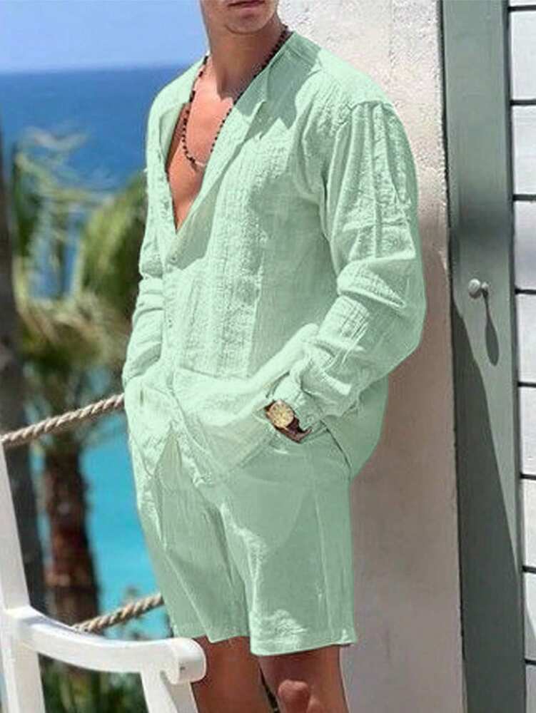 Men's Solid Color Single Breasted Shirt And Shorts With Pockets Two Piece Casual Outfit Summer Vacation Daily Wear Clothing For Men