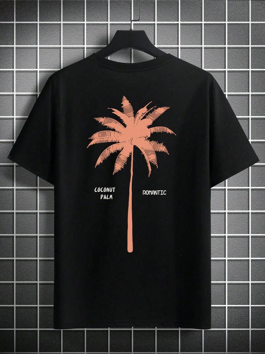 2pcs Men's Loose Fit Short Sleeve T Shirts With Letter And Palm Tree Print Summer Vacation Style Casual Cotton Graphic Tees Outfit