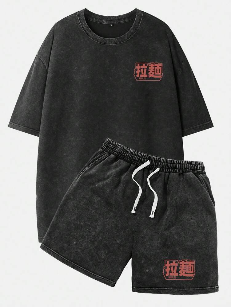 2pcs Men's Vintage Washed Black Short Sleeve T Shirt And Shorts Anime Manga Graphic Outfit Casual Summer Daily Wear Otaku Gift