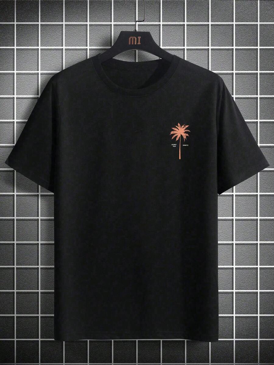 2pcs Men's Loose Fit Short Sleeve T Shirts With Letter And Palm Tree Print Summer Vacation Style Casual Cotton Graphic Tees Outfit