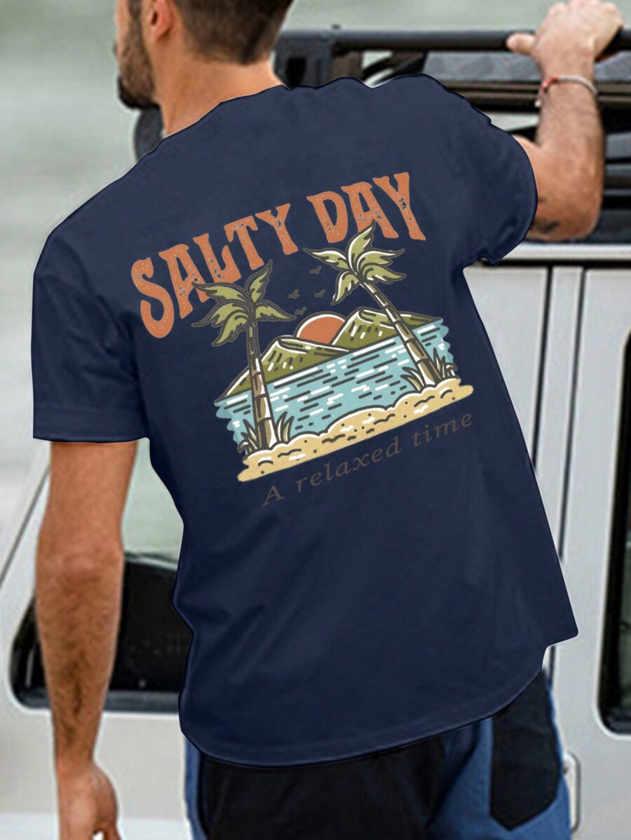 Men's Palm Tree Slogan Print Round Neck Casual Short Sleeve T Shirt Vacation Style Comfortable Cotton Graphic Summer Tee For Men