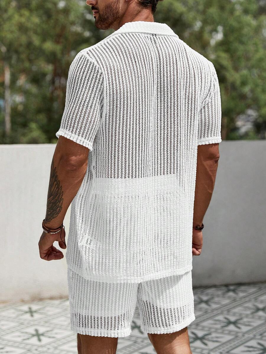 Men's Hollow Out Short Sleeve Shirt And Drawstring Shorts Two Piece Casual Outfit Lightweight Summer Vacation Beachwear Clothing