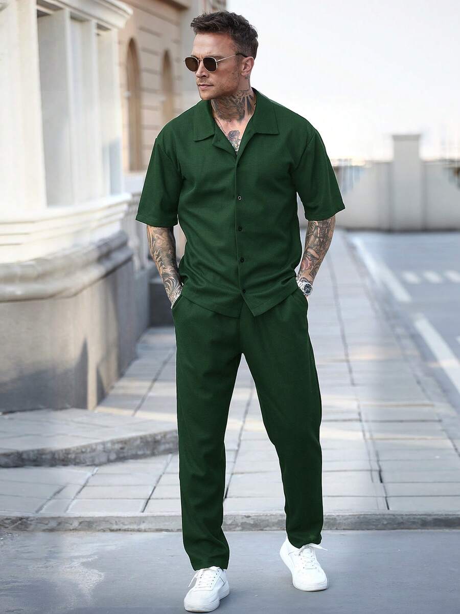 Men's Waffle Knit Jacquard Shirt And Pants Set Two Piece Casual Summer Outfit Beach Vacation Style Matching Couple Gift For Men