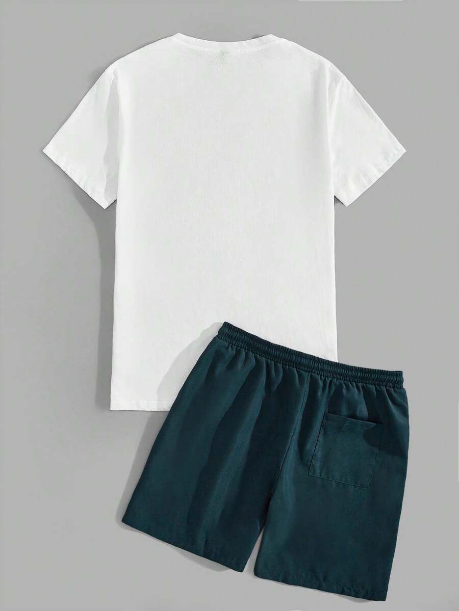 Men's Tropical Print Short Sleeve T Shirt And Drawstring Shorts Two Piece Casual Summer Outfit Lightweight Vacation Beachwear Set