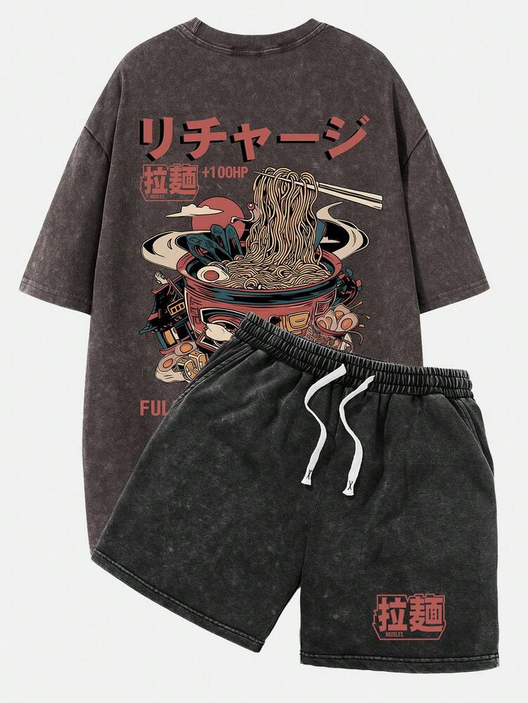 2pcs Men's Vintage Washed Black Short Sleeve T Shirt And Shorts Anime Manga Graphic Outfit Casual Summer Daily Wear Otaku Gift