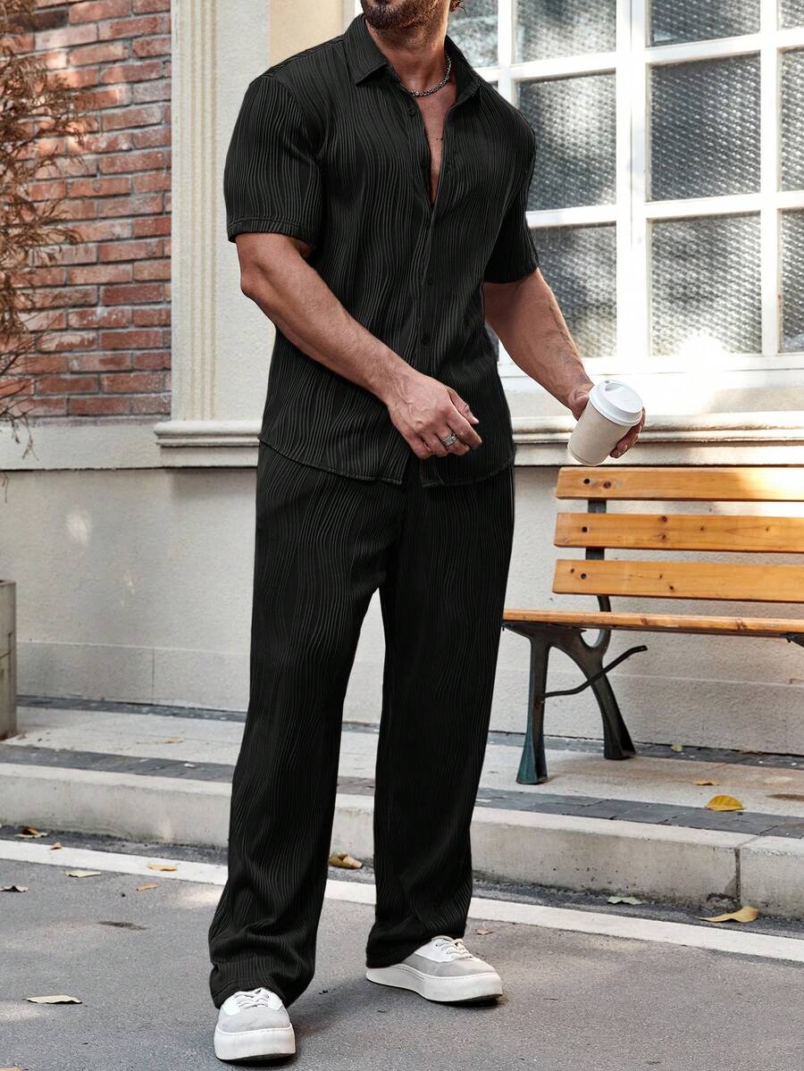 Men's Solid Button Up Short Sleeve Shirt With Drawstring Pants Two Piece Casual Outfit Comfortable Summer Daily Wear Clothing