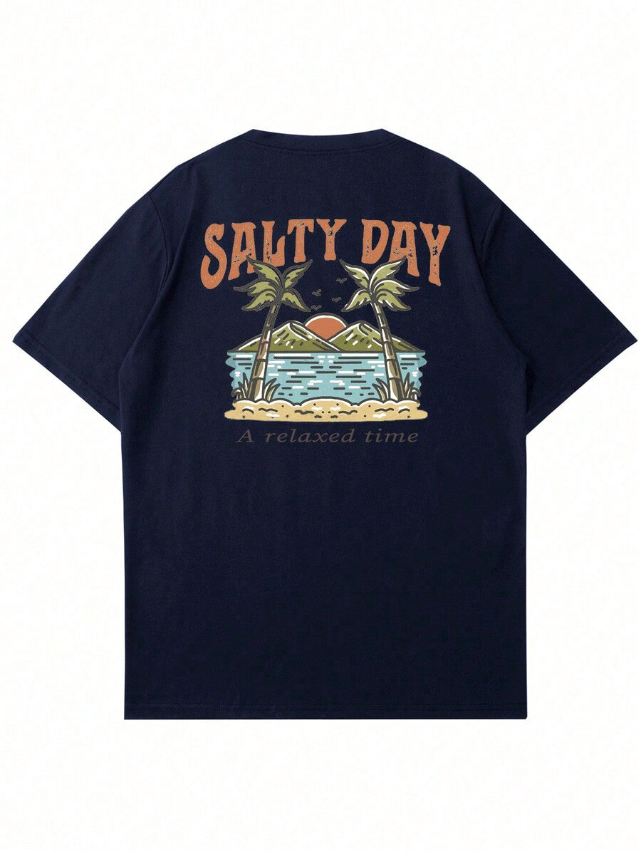 Men's Palm Tree Slogan Print Round Neck Casual Short Sleeve T Shirt Vacation Style Comfortable Cotton Graphic Summer Tee For Men