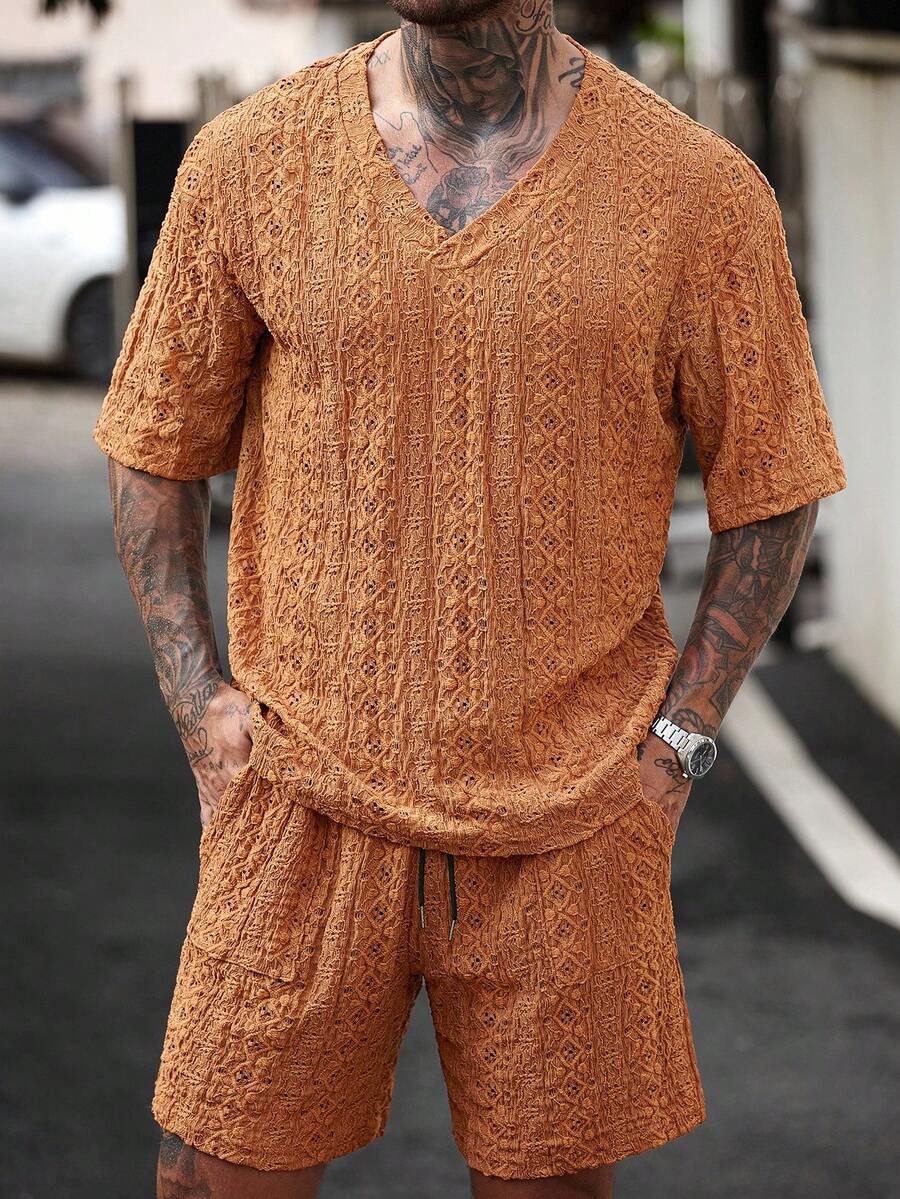 Men's Knitted Textured V Neck White T Shirt And Shorts Two Piece Set Summer Outfit Crochet Pattern Casual Comfortable Daily Clothing