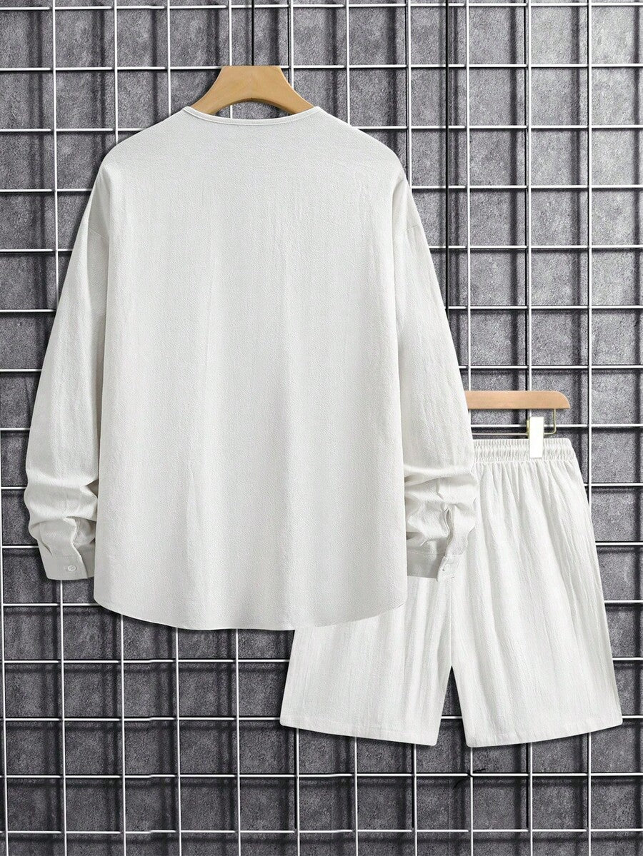 Men's Solid Color Single Breasted Shirt And Shorts With Pockets Two Piece Casual Outfit Summer Vacation Daily Wear Clothing For Men