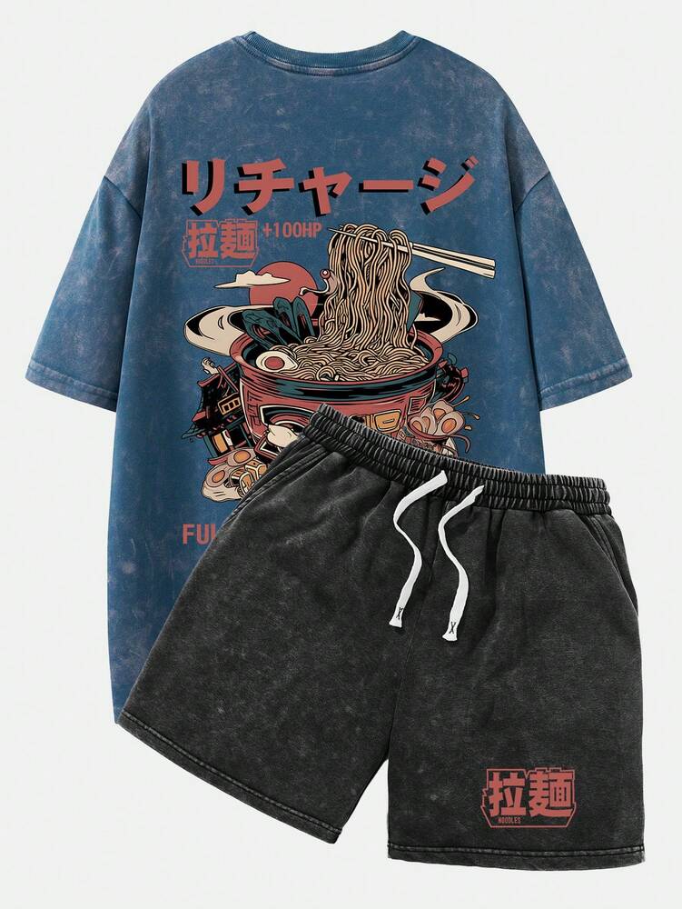 2pcs Men's Vintage Washed Black Short Sleeve T Shirt And Shorts Anime Manga Graphic Outfit Casual Summer Daily Wear Otaku Gift