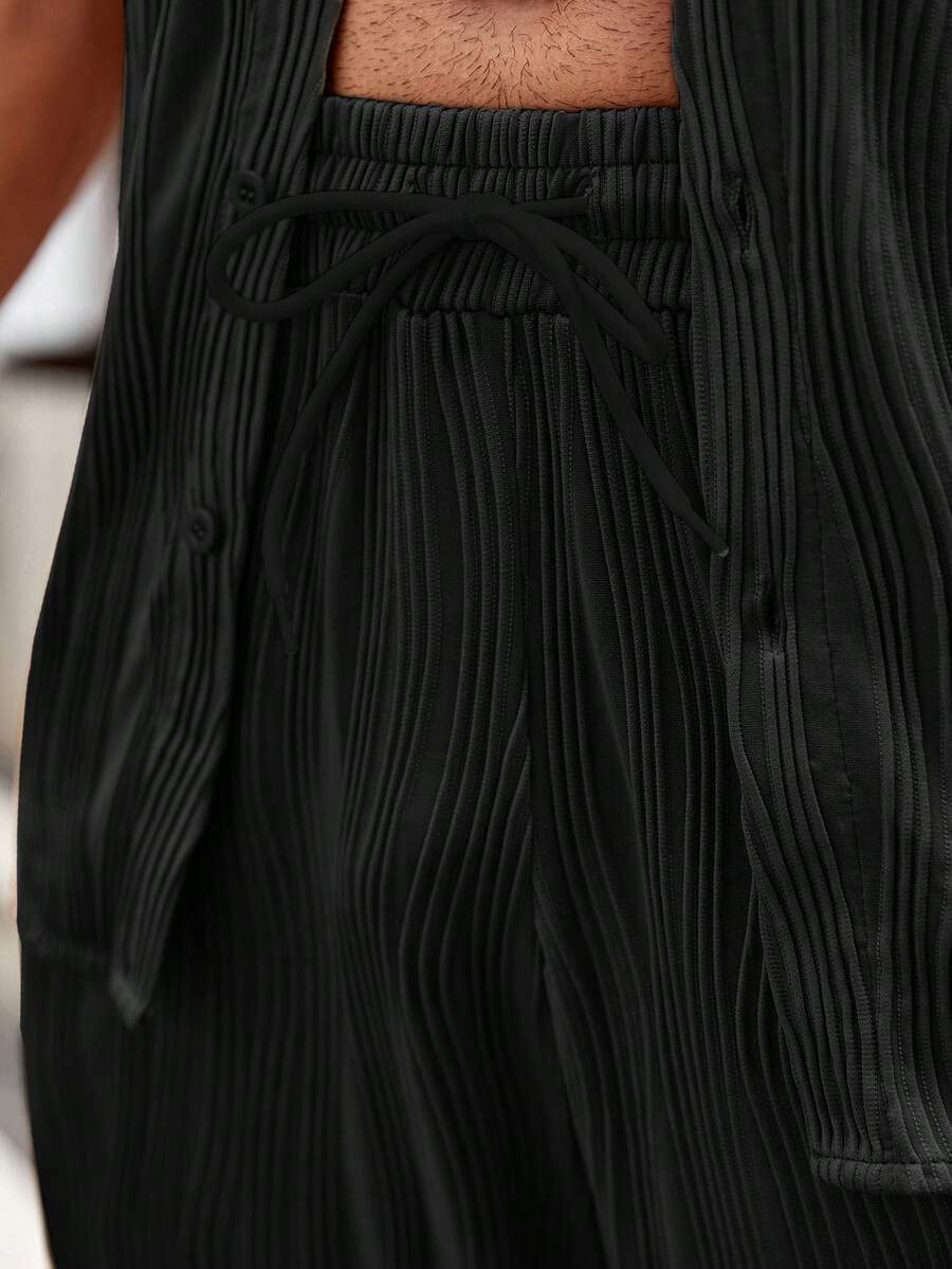 Men's Solid Button Up Short Sleeve Shirt With Drawstring Pants Two Piece Casual Outfit Comfortable Summer Daily Wear Clothing