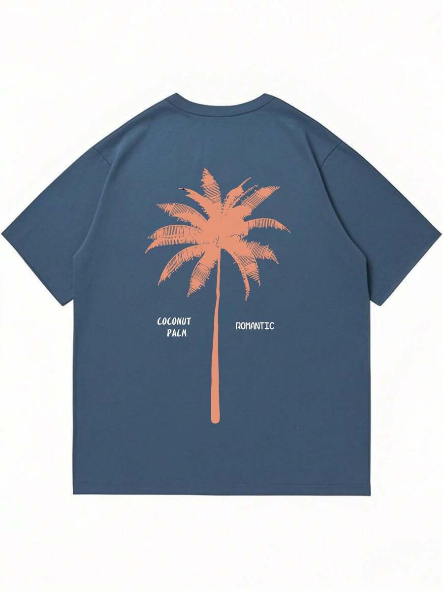 2pcs Men's Loose Fit Short Sleeve T Shirts With Letter And Palm Tree Print Summer Vacation Style Casual Cotton Graphic Tees Outfit