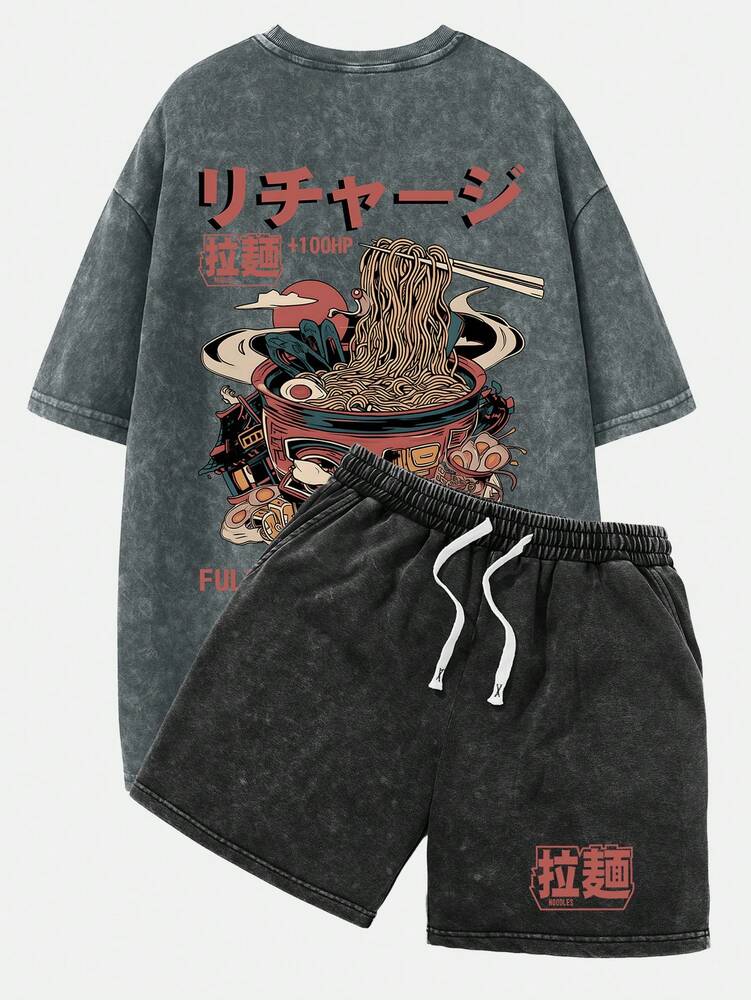 2pcs Men's Vintage Washed Black Short Sleeve T Shirt And Shorts Anime Manga Graphic Outfit Casual Summer Daily Wear Otaku Gift