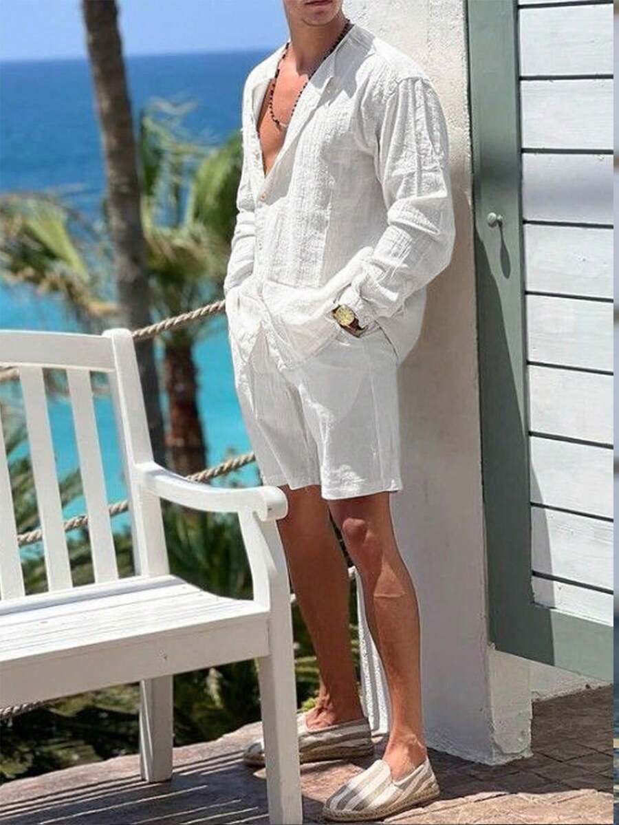 Men's Solid Color Single Breasted Shirt And Shorts With Pockets Two Piece Casual Outfit Summer Vacation Daily Wear Clothing For Men