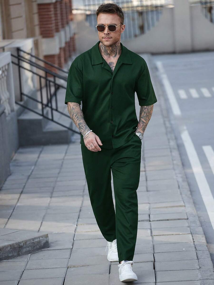Men's Waffle Knit Jacquard Shirt And Pants Set Two Piece Casual Summer Outfit Beach Vacation Style Matching Couple Gift For Men