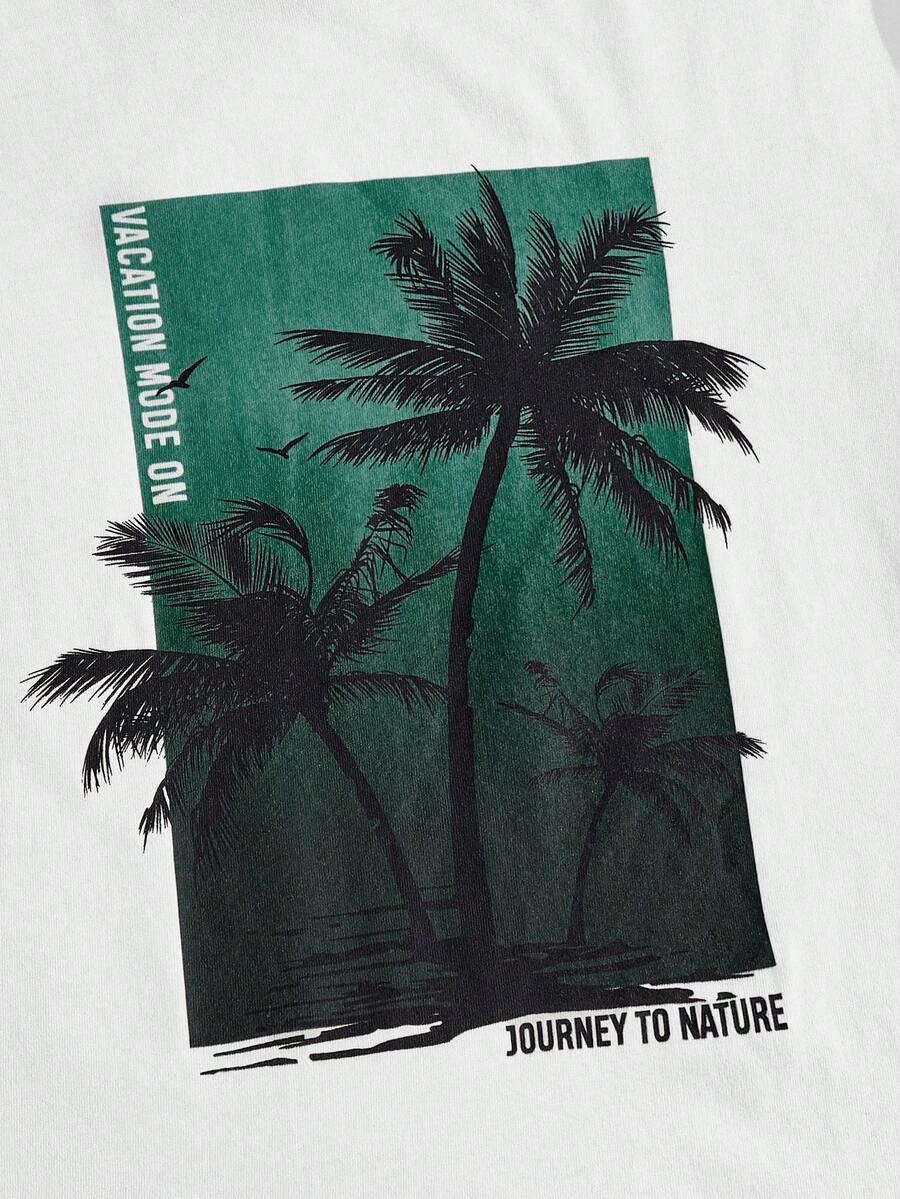 Men's Tropical Print Short Sleeve T Shirt And Drawstring Shorts Two Piece Casual Summer Outfit Lightweight Vacation Beachwear Set