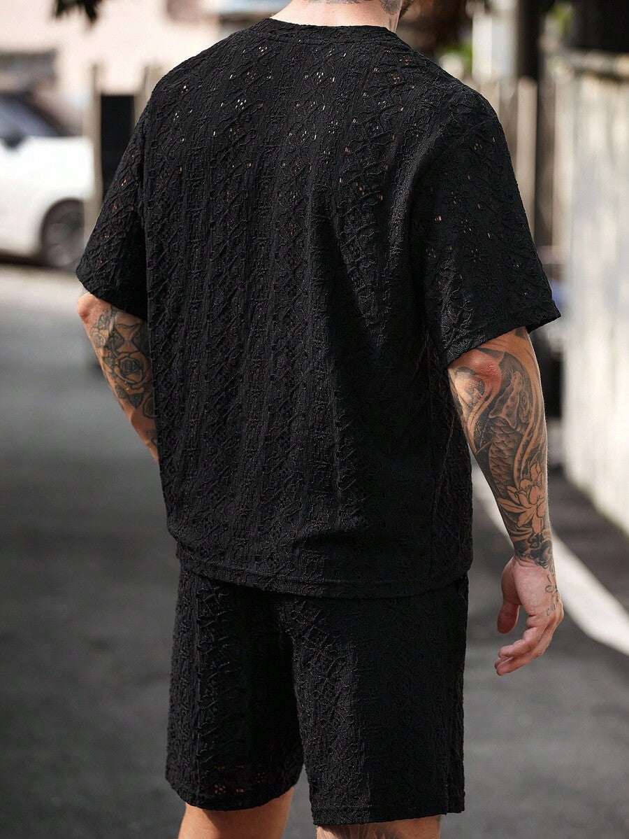 Men's Knitted Textured V Neck White T Shirt And Shorts Two Piece Set Summer Outfit Crochet Pattern Casual Comfortable Daily Clothing