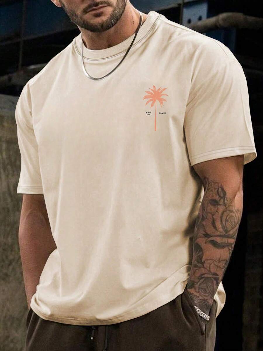 2pcs Men's Loose Fit Short Sleeve T Shirts With Letter And Palm Tree Print Summer Vacation Style Casual Cotton Graphic Tees Outfit