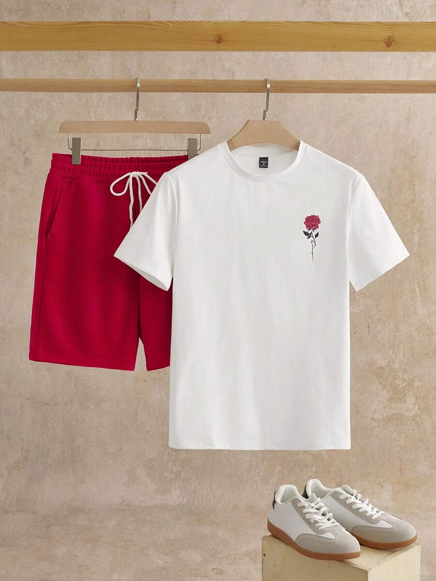 Men's Floral Print Short Sleeve T Shirt And Drawstring Shorts Two Piece Casual Summer Outfit Vacation Style Knitted Set For Men