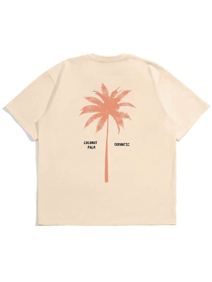 2pcs Men's Loose Fit Short Sleeve T Shirts With Letter And Palm Tree Print Summer Vacation Style Casual Cotton Graphic Tees Outfit