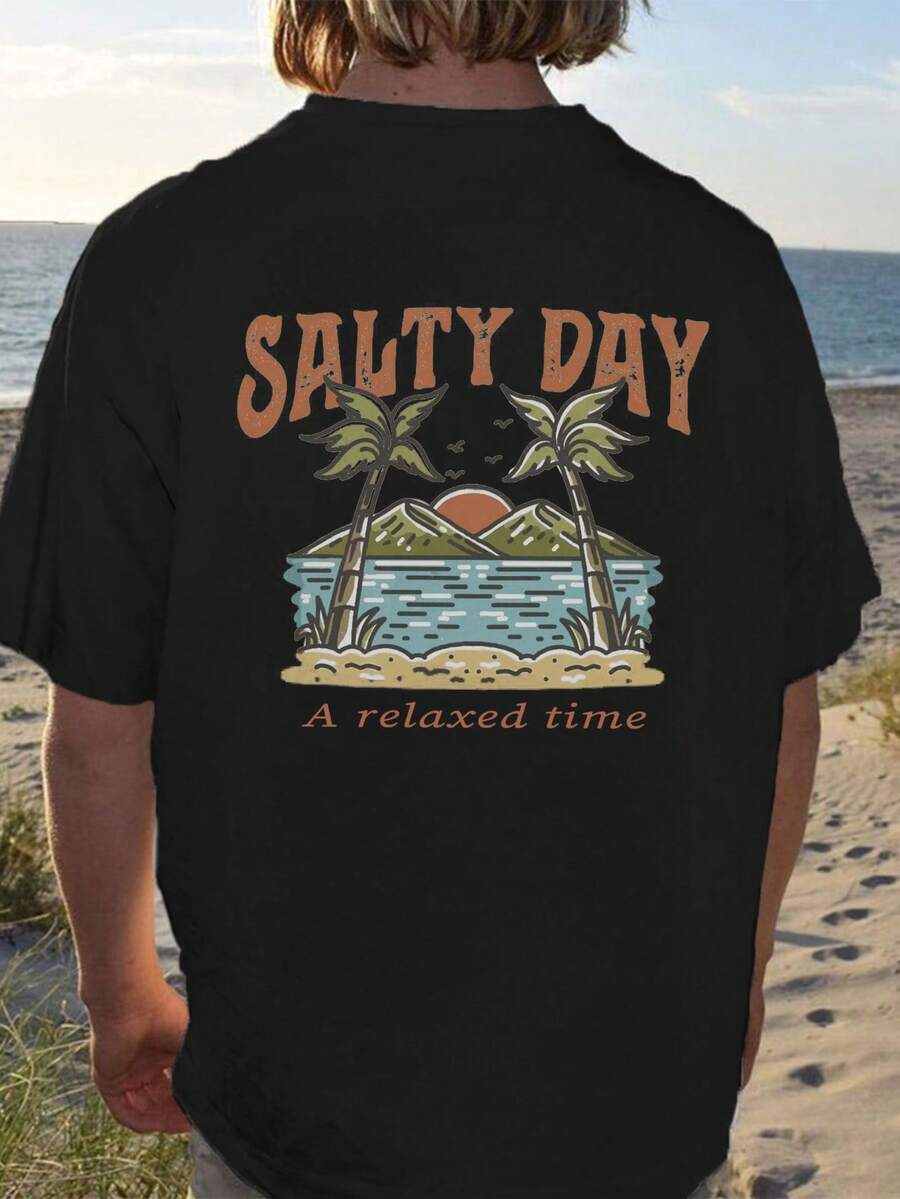 Men's Palm Tree Slogan Print Round Neck Casual Short Sleeve T Shirt Vacation Style Comfortable Cotton Graphic Summer Tee For Men