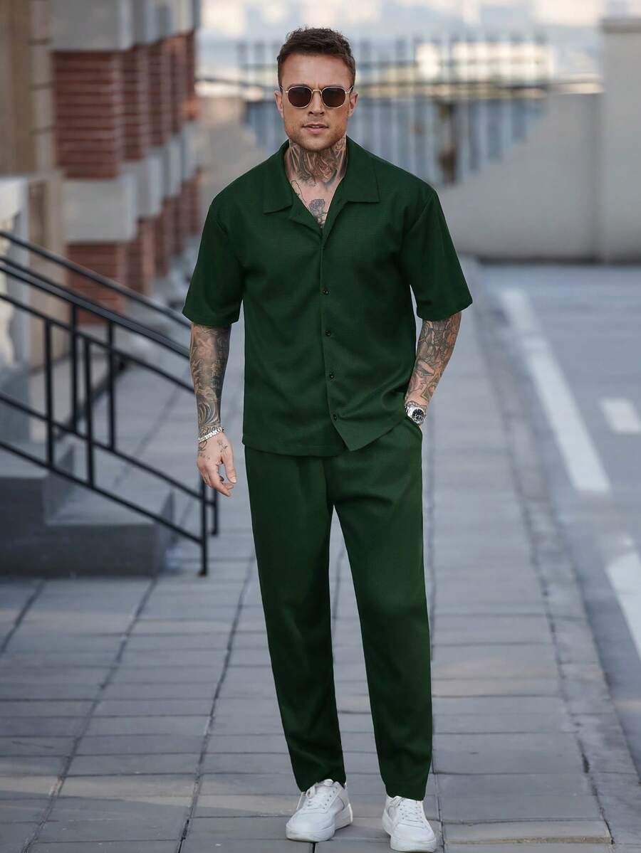 Men's Waffle Knit Jacquard Shirt And Pants Set Two Piece Casual Summer Outfit Beach Vacation Style Matching Couple Gift For Men