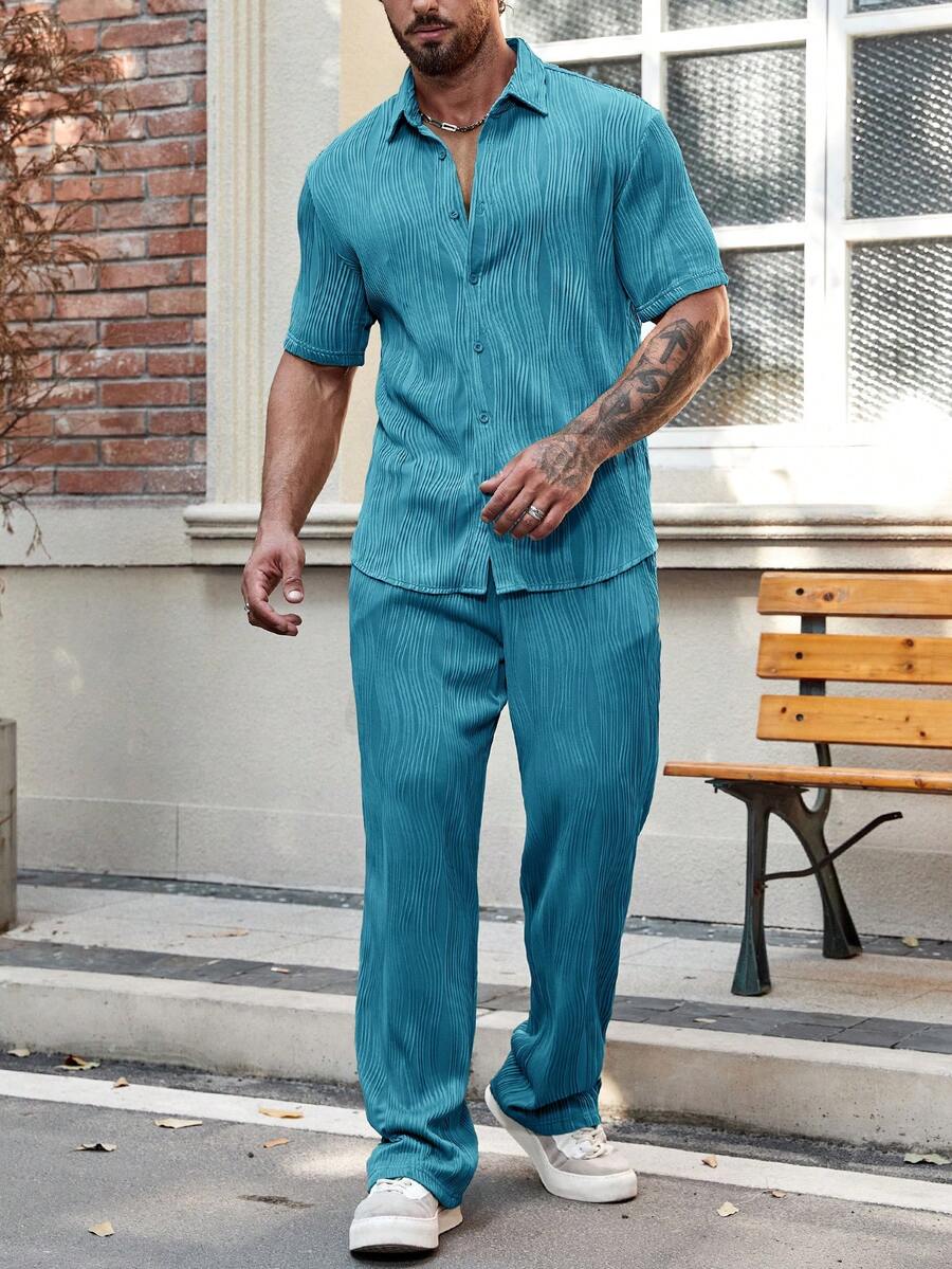 Men's Solid Button Up Short Sleeve Shirt With Drawstring Pants Two Piece Casual Outfit Comfortable Summer Daily Wear Clothing