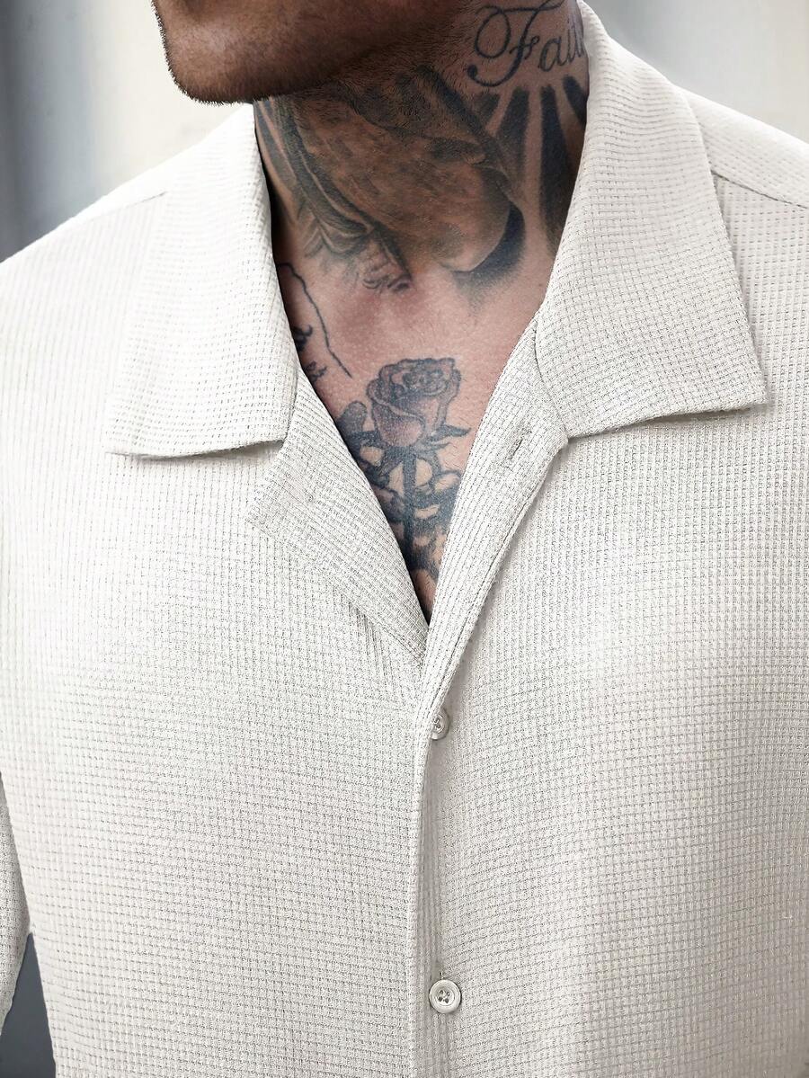 Men's Waffle Knit Jacquard Shirt And Pants Set Two Piece Casual Summer Outfit Beach Vacation Style Matching Couple Gift For Men