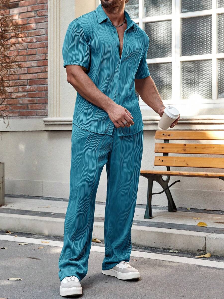 Men's Solid Button Up Short Sleeve Shirt With Drawstring Pants Two Piece Casual Outfit Comfortable Summer Daily Wear Clothing
