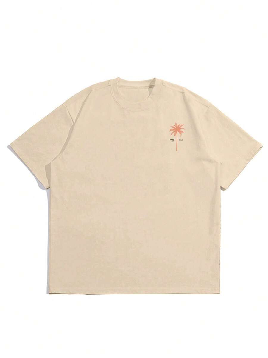 2pcs Men's Loose Fit Short Sleeve T Shirts With Letter And Palm Tree Print Summer Vacation Style Casual Cotton Graphic Tees Outfit