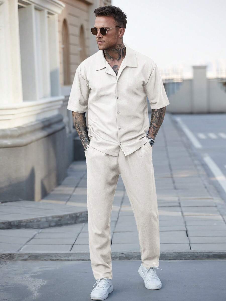 Men's Waffle Knit Jacquard Shirt And Pants Set Two Piece Casual Summer Outfit Beach Vacation Style Matching Couple Gift For Men