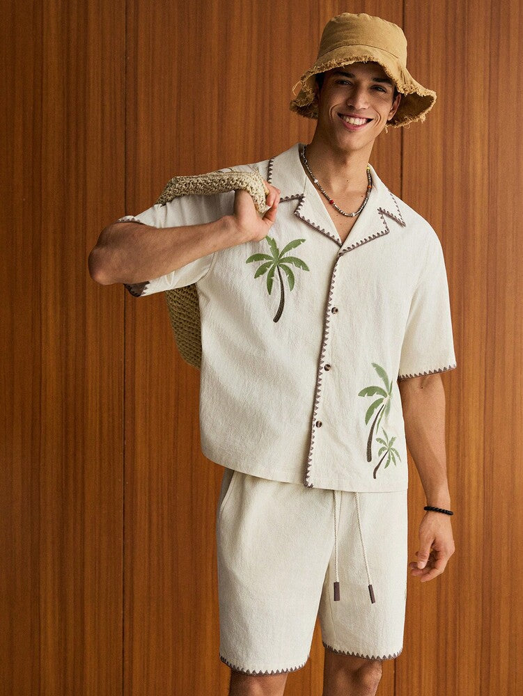 Men's Loose Fit Woven Short Sleeve Shirt And Drawstring Straight Leg Shorts Two Piece Casual Outfit Summer Vacation Daily Wear Set