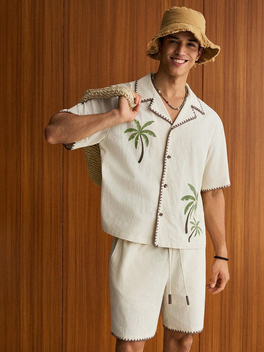 Men's Loose Fit Woven Short Sleeve Shirt And Drawstring Straight Leg Shorts Two Piece Casual Outfit Summer Vacation Daily Wear Set