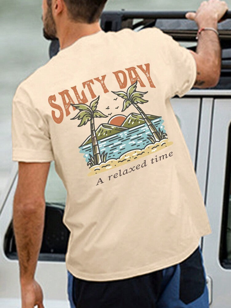 Men's Palm Tree Slogan Print Round Neck Casual Short Sleeve T Shirt Vacation Style Comfortable Cotton Graphic Summer Tee For Men