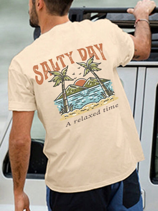 Men's Palm Tree Slogan Print Round Neck Casual Short Sleeve T Shirt Vacation Style Comfortable Cotton Graphic Summer Tee For Men