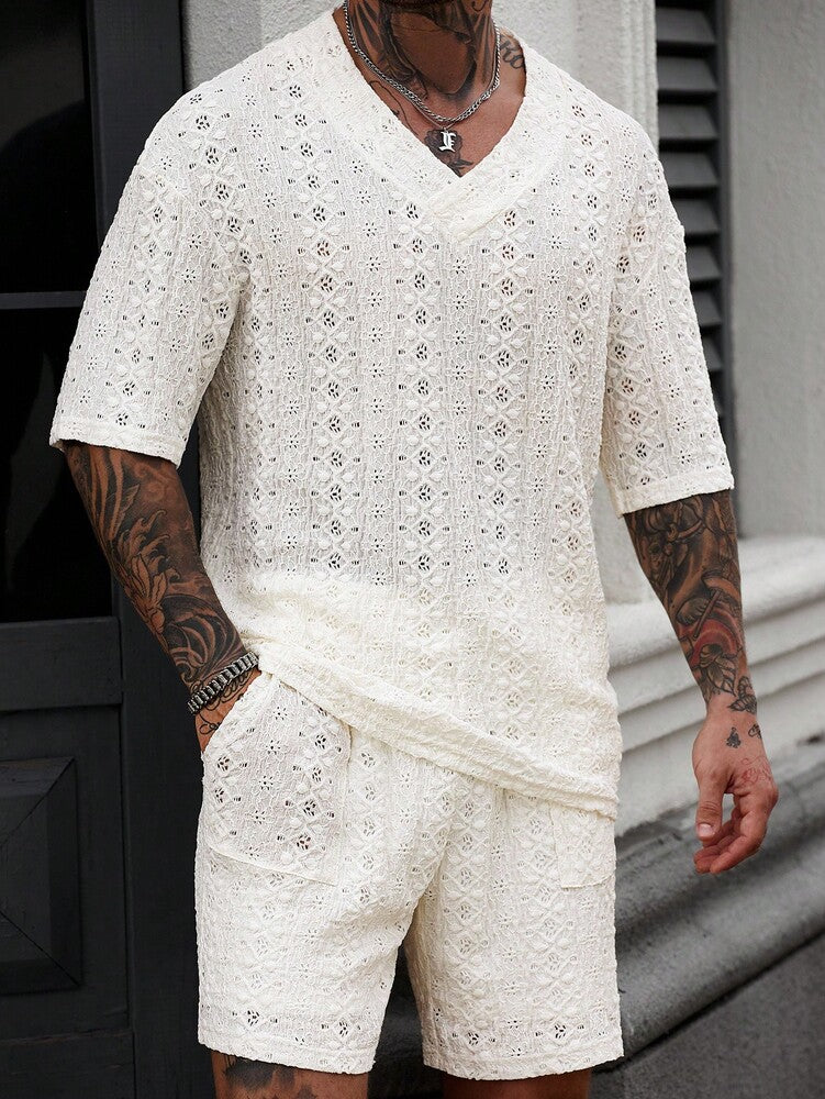 Men's Knitted Textured V Neck White T Shirt And Shorts Two Piece Set Summer Outfit Crochet Pattern Casual Comfortable Daily Clothing