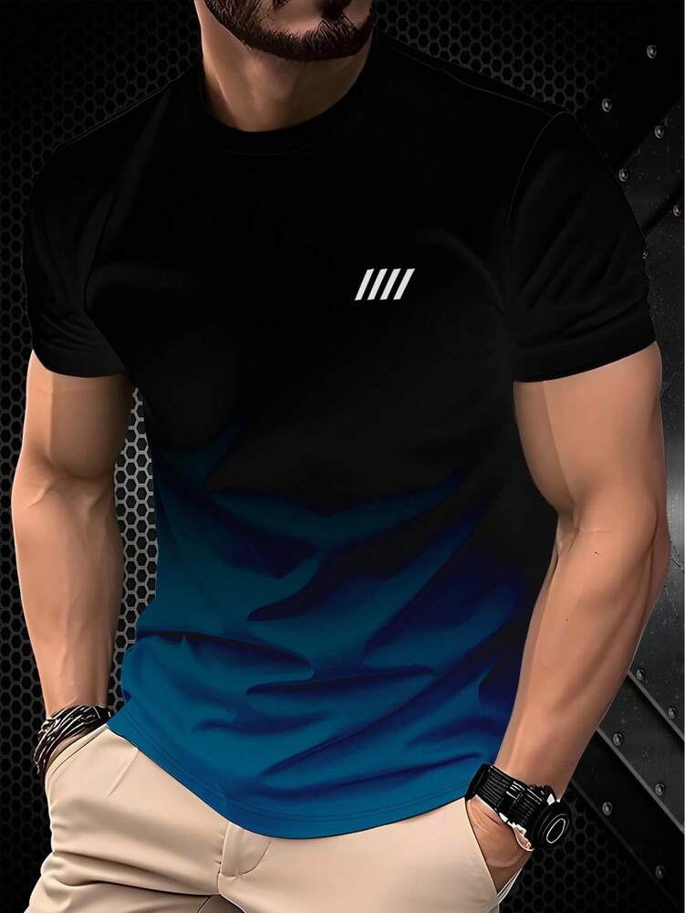 Men's Black Grey Ombre Crew Neck Casual T Shirt Four Stripe Print Minimalist Short Sleeve Breathable Cotton Summer Top Daily Outfit