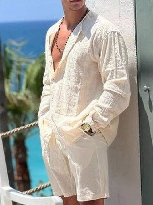 Men's Solid Color Single Breasted Shirt And Shorts With Pockets Two Piece Casual Outfit Summer Vacation Daily Wear Clothing For Men